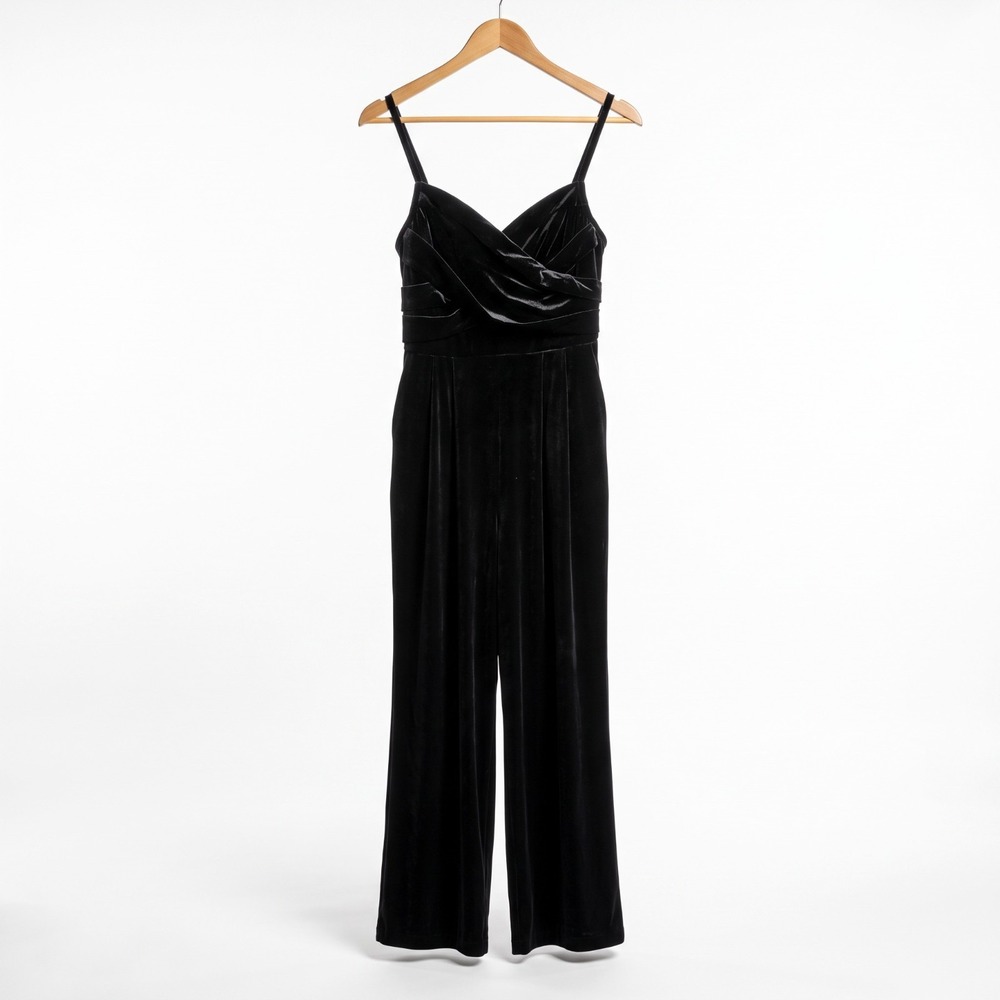 Cider Black Jumpsuit Velvet Size L Cross Front Wide Leg Slit Sides New NWT
